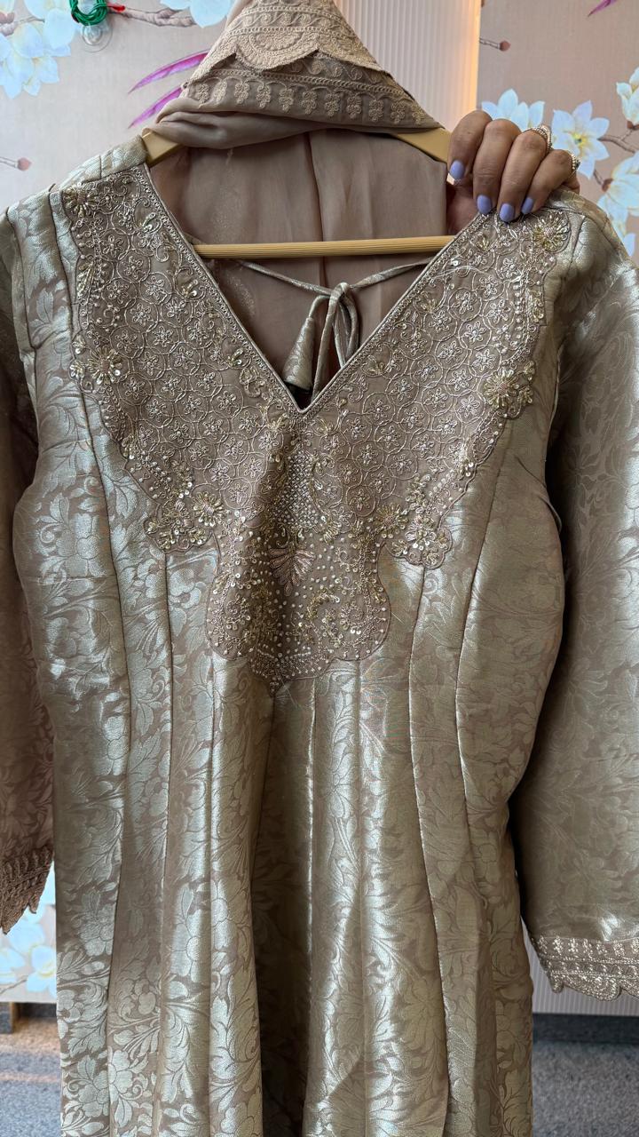 Designer back premium brocade Anarkali suit set in beige