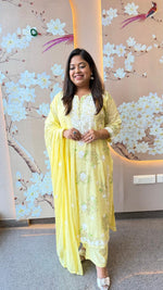 Restocked pure Mul cotton chikankari full suit set in yellow