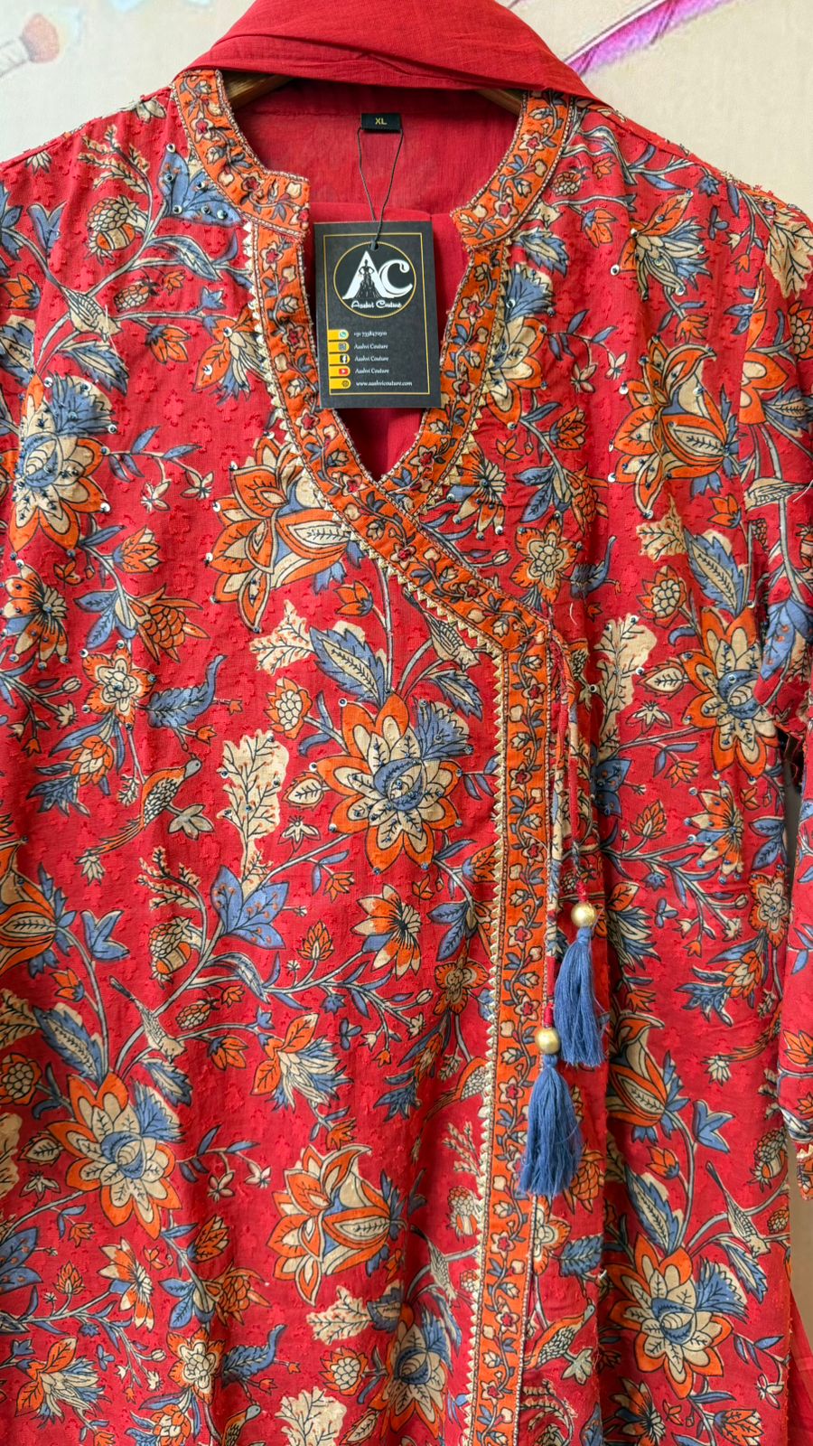 Premium Dobby cotton angrakha suit set in red