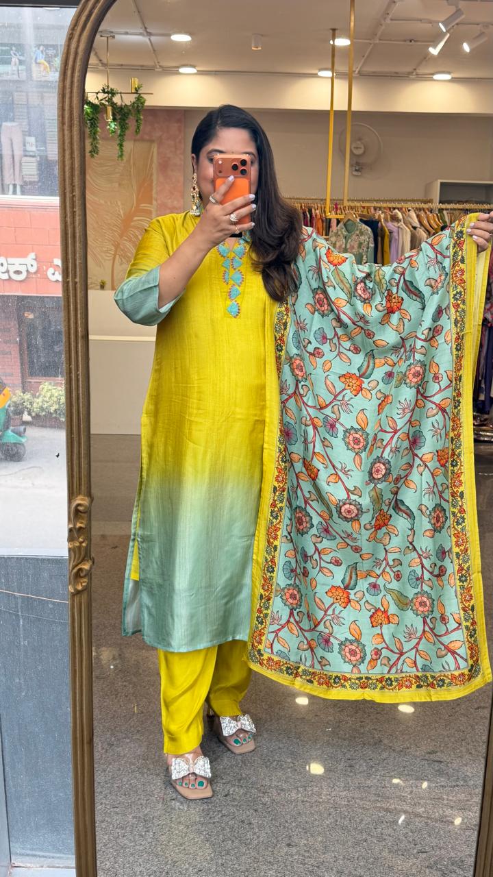 restock!!!Most trending colour combination Russian silk suit set paired with Kalamkari dupatta (true to size )!!