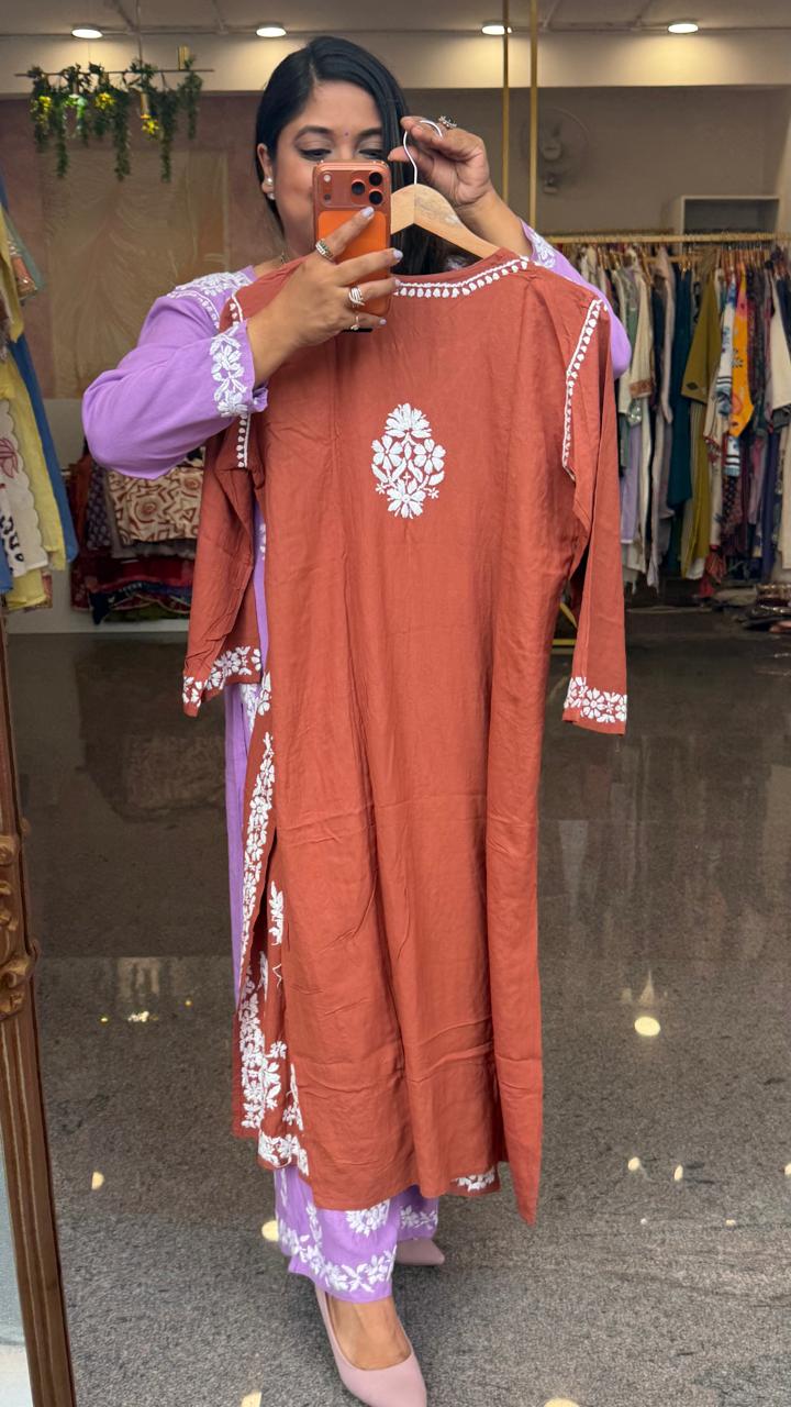 Super pretty slub cotton chikankari kurta pant in brown