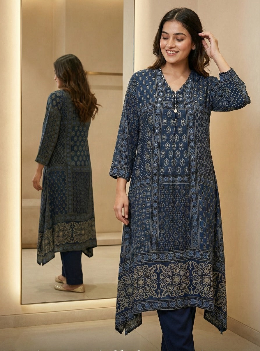 Premium crepe highlighted with sequins kurta pant in blue