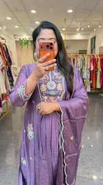 Premium crepe silk hand embroidered suit set in purple