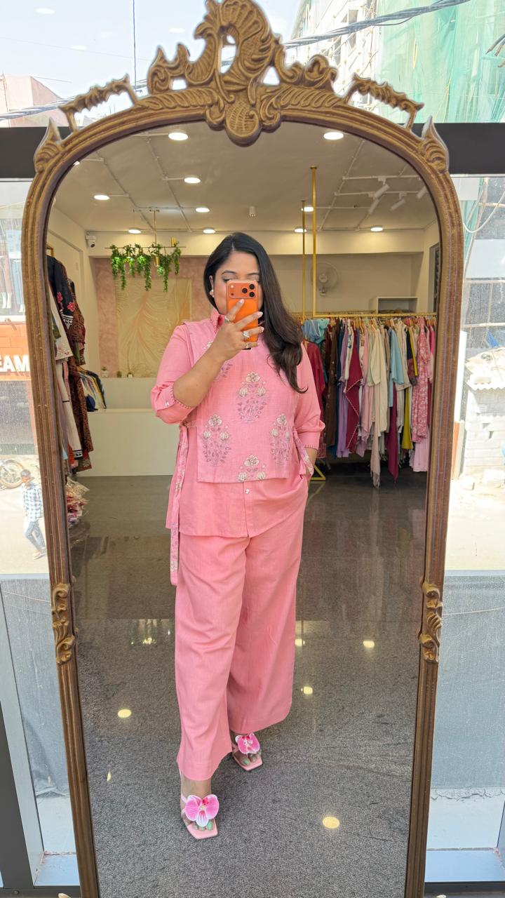 Pure cotton jute detachable jacket smart pink co ord set