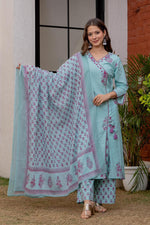 Premium cotton angrakha black printed lining suit set in blue