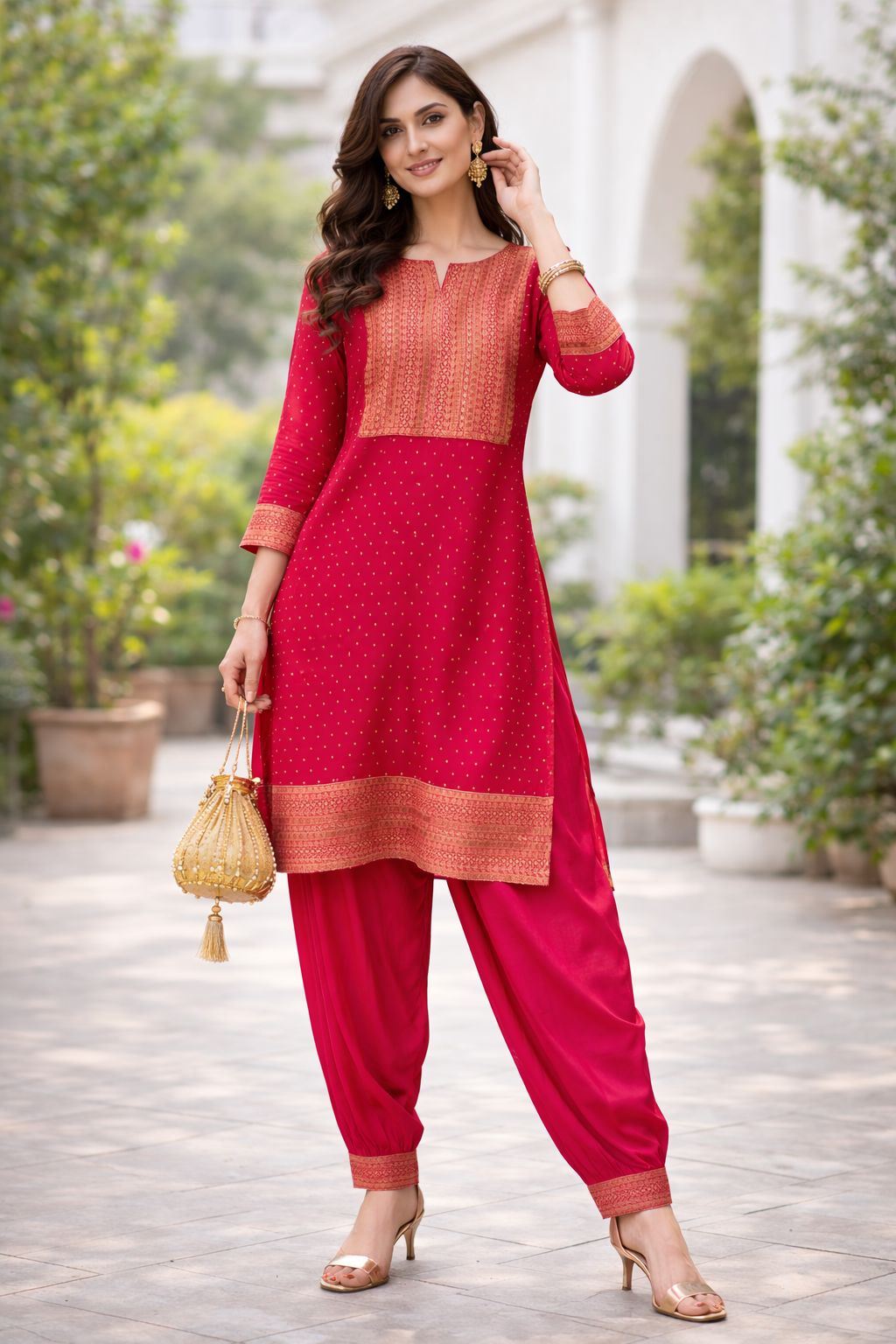 Celebrity inspired pure Banarasi weaved orgenza farsi salwar co ord in red