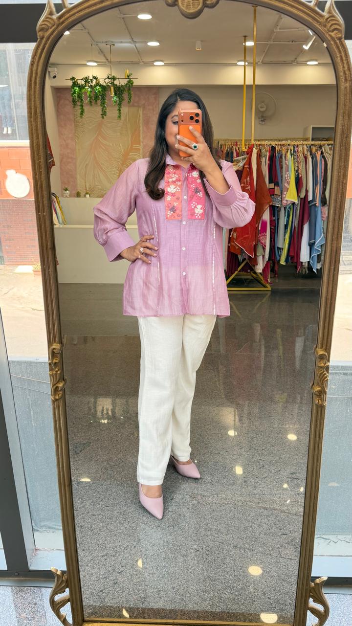 Super super pretty handwork pure mulchanderi Co ord comes with inner in powder purple