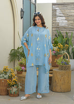 Pure crepe gold Zari applique co ord set in blue