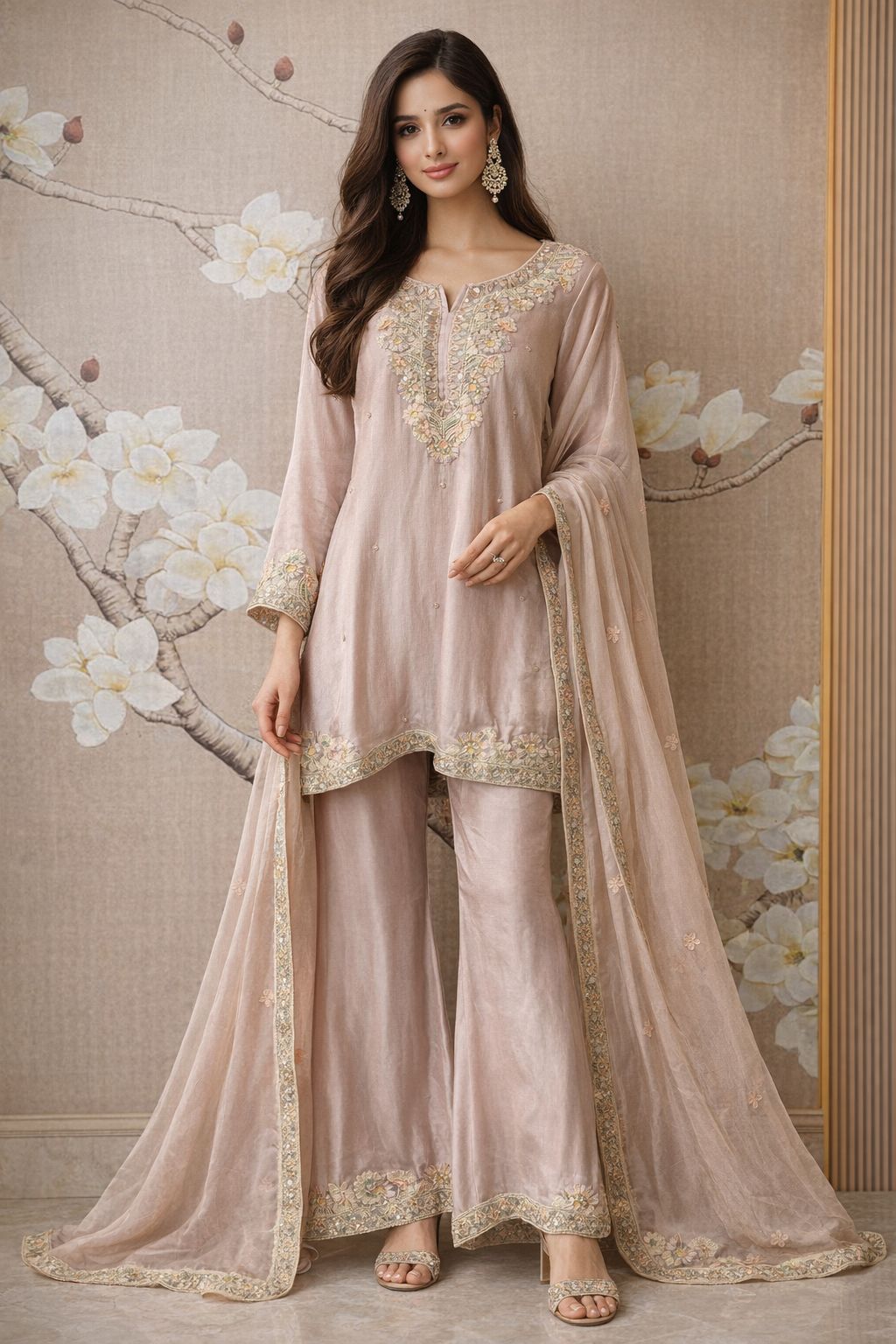 Premium chinon with intricate hand work bell bottom pant suit set