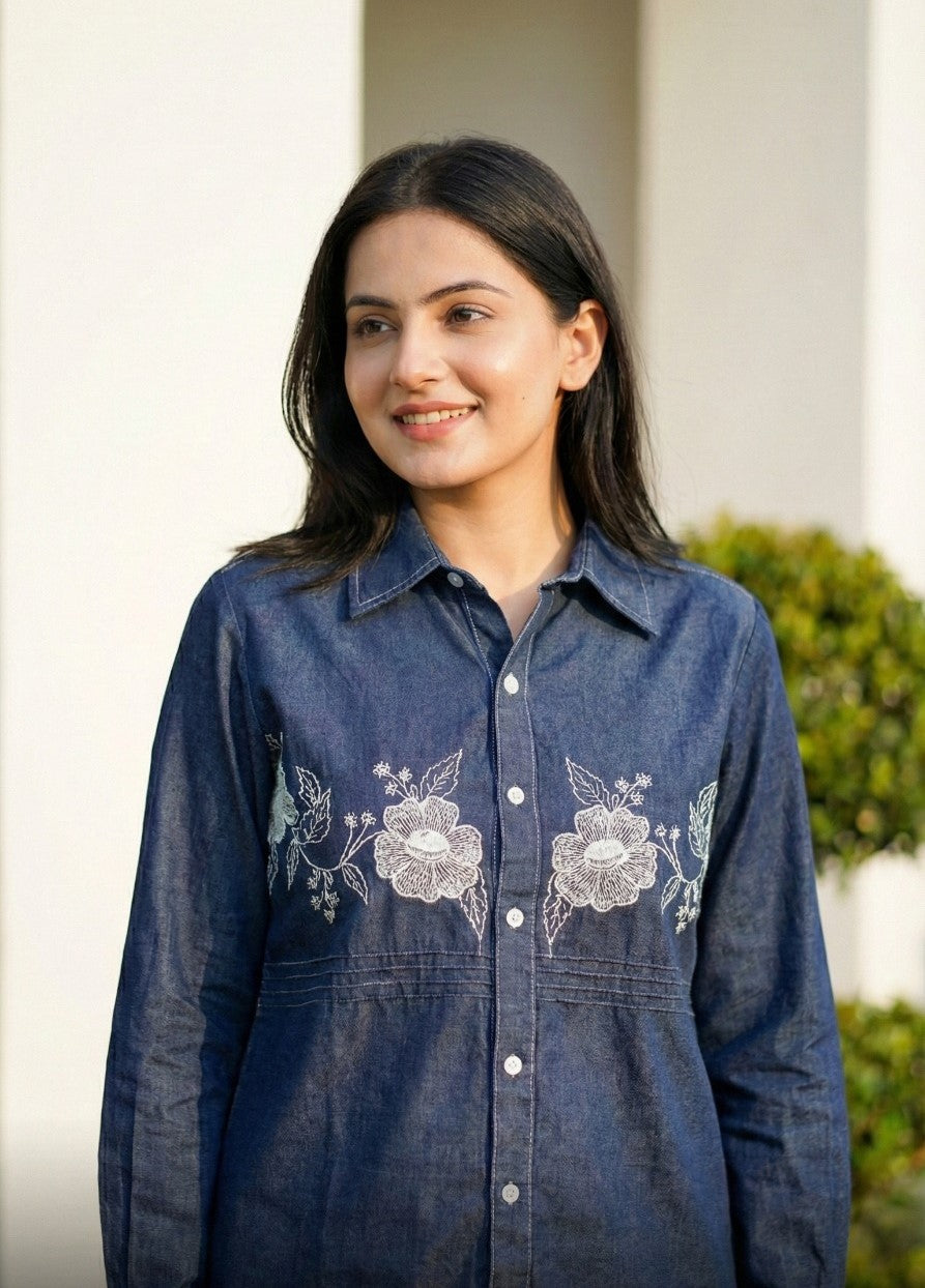 Denim cotton embroidered co ord set