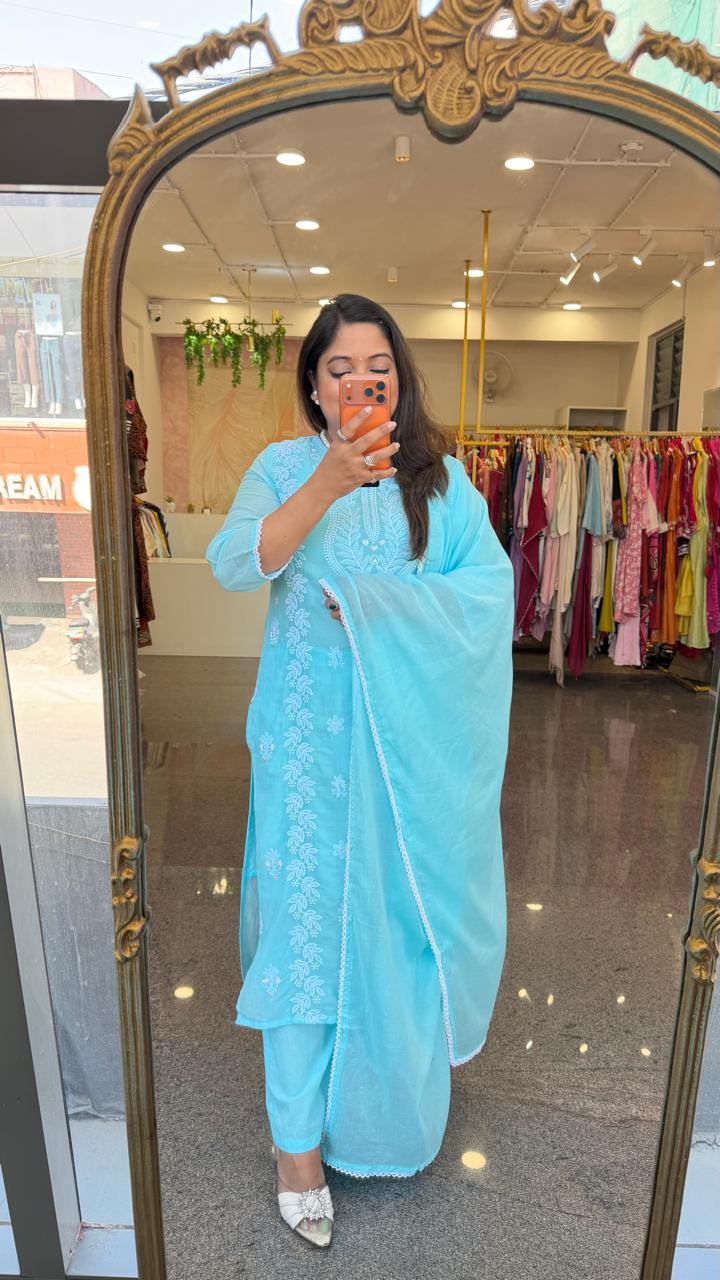 Pure mul cotton chikankari suit set in Sea Green
