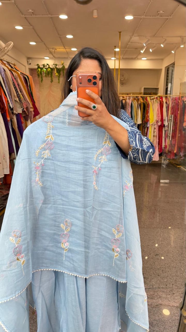 Powder blue embroidery full suit in premium Mul chanderi