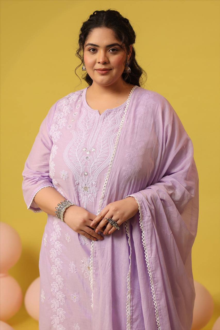 Pretty Mul cotton lavender chikankari suit set