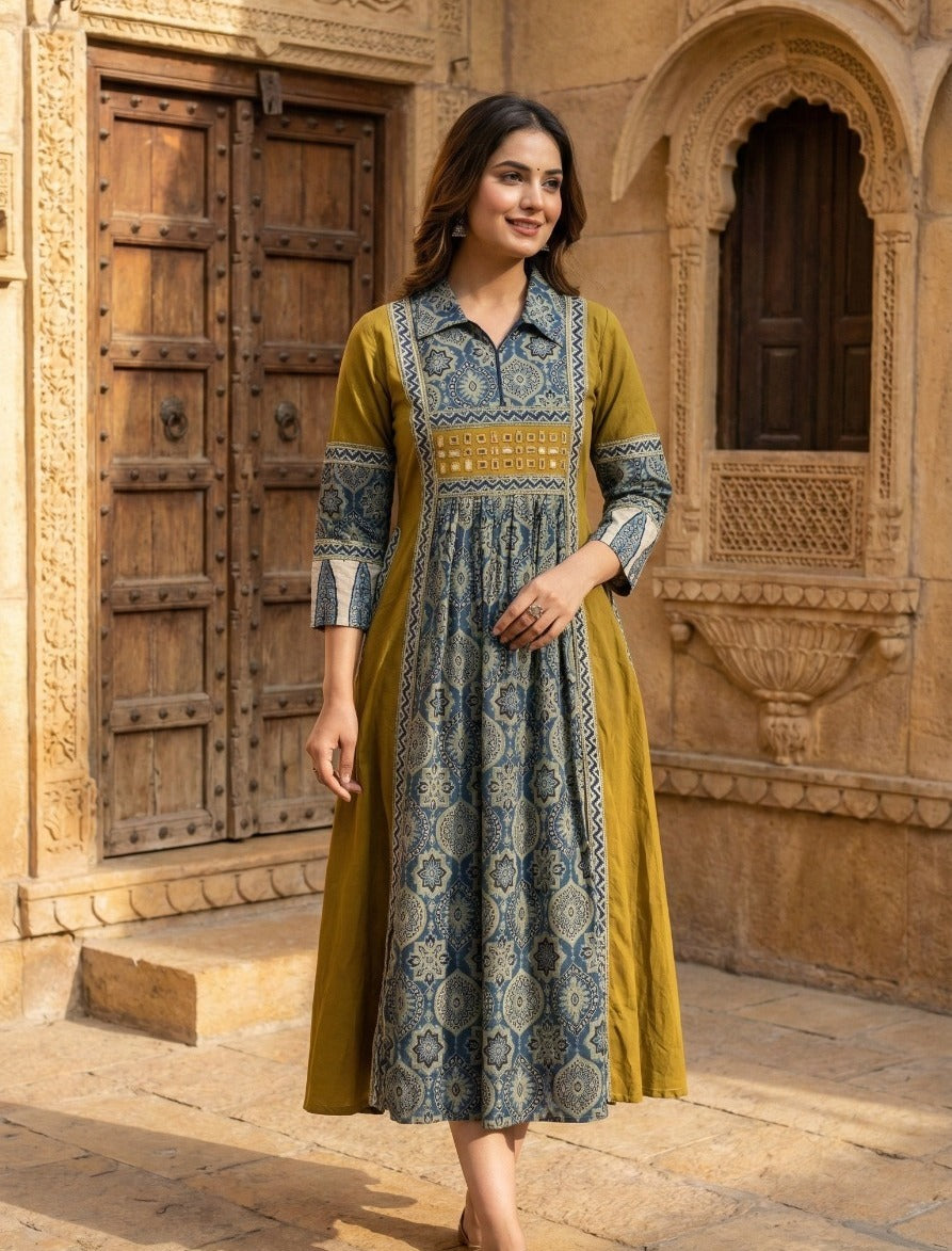 Pretty ajrakh cotton real mirror one piece in yellow