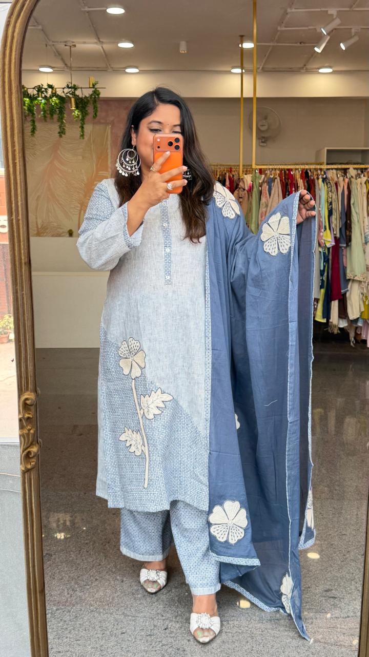 Organic cotton applique work true to size suit set in blue