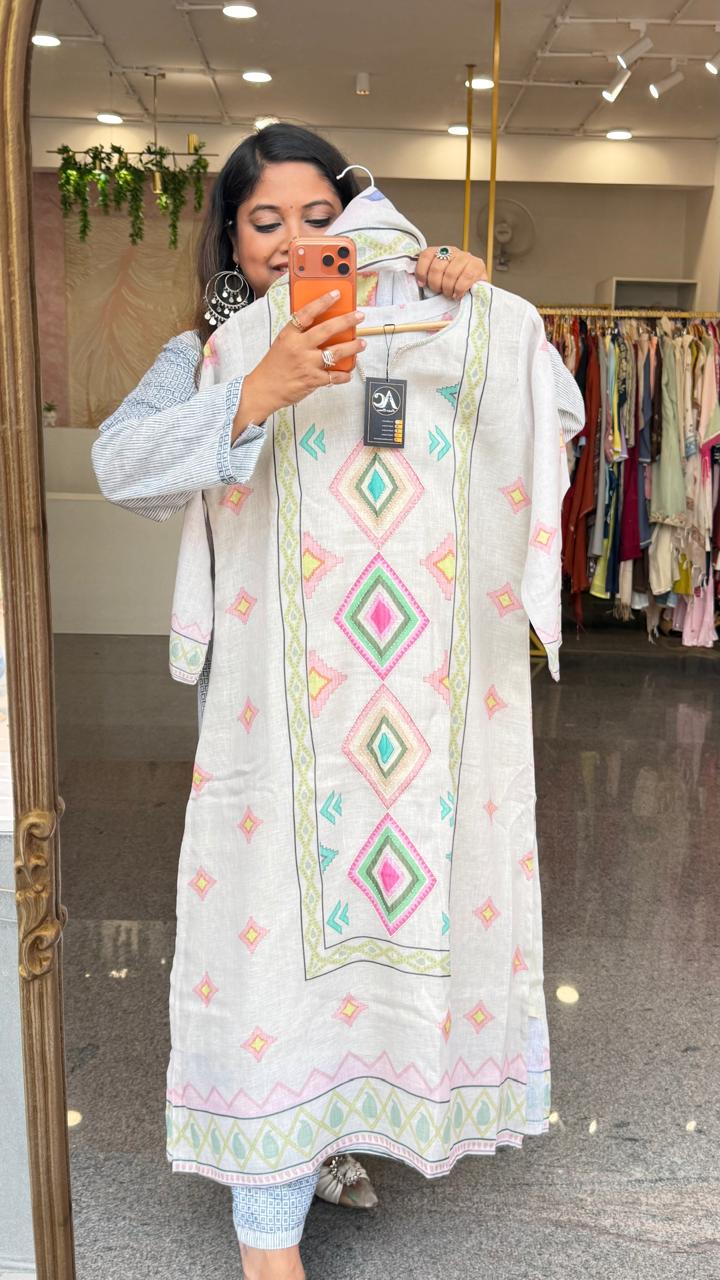 Linen cotton pearl detailing suit set