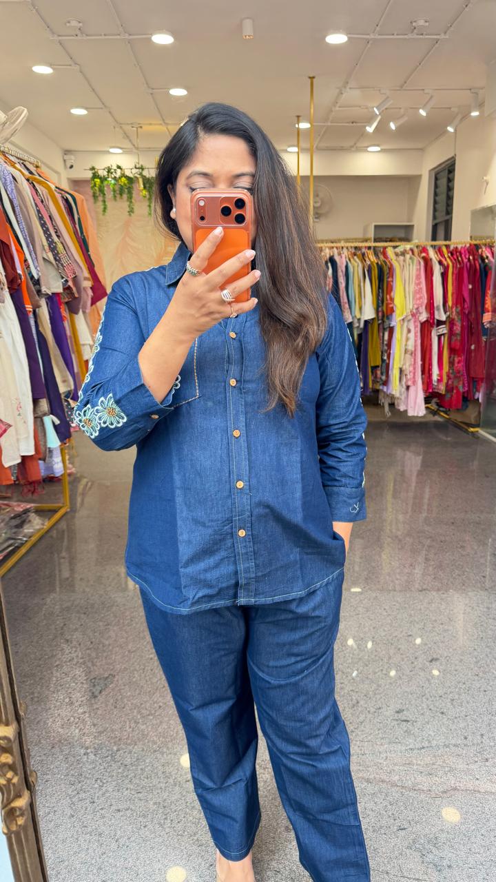 Soft denim cotton fully embroidered sleees co ord