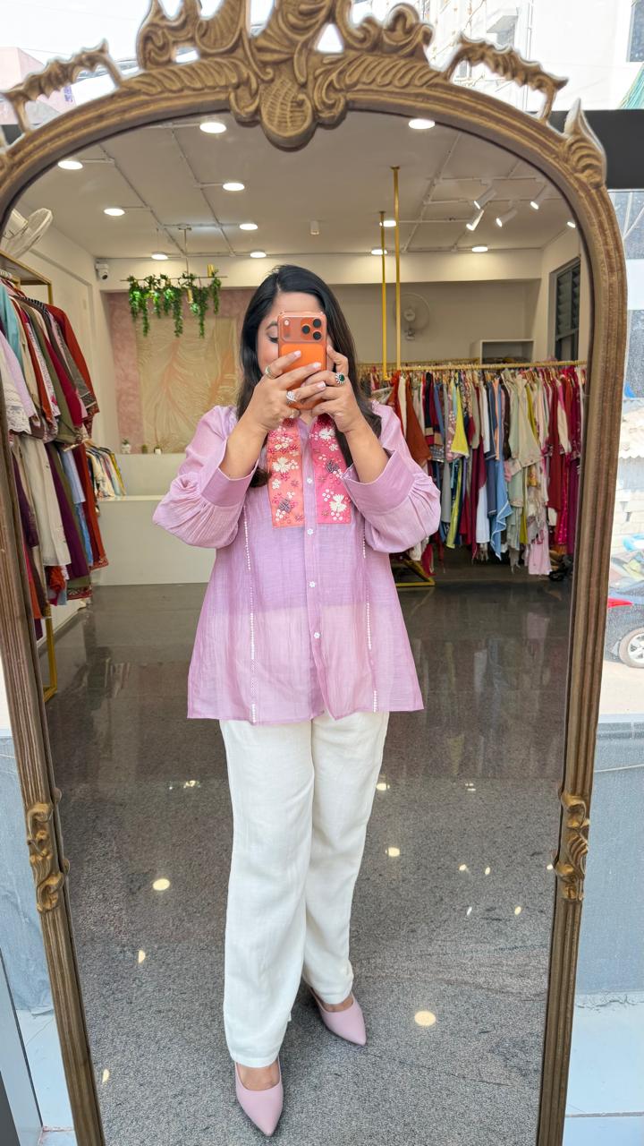 Super super pretty handwork pure mulchanderi Co ord comes with inner in powder purple