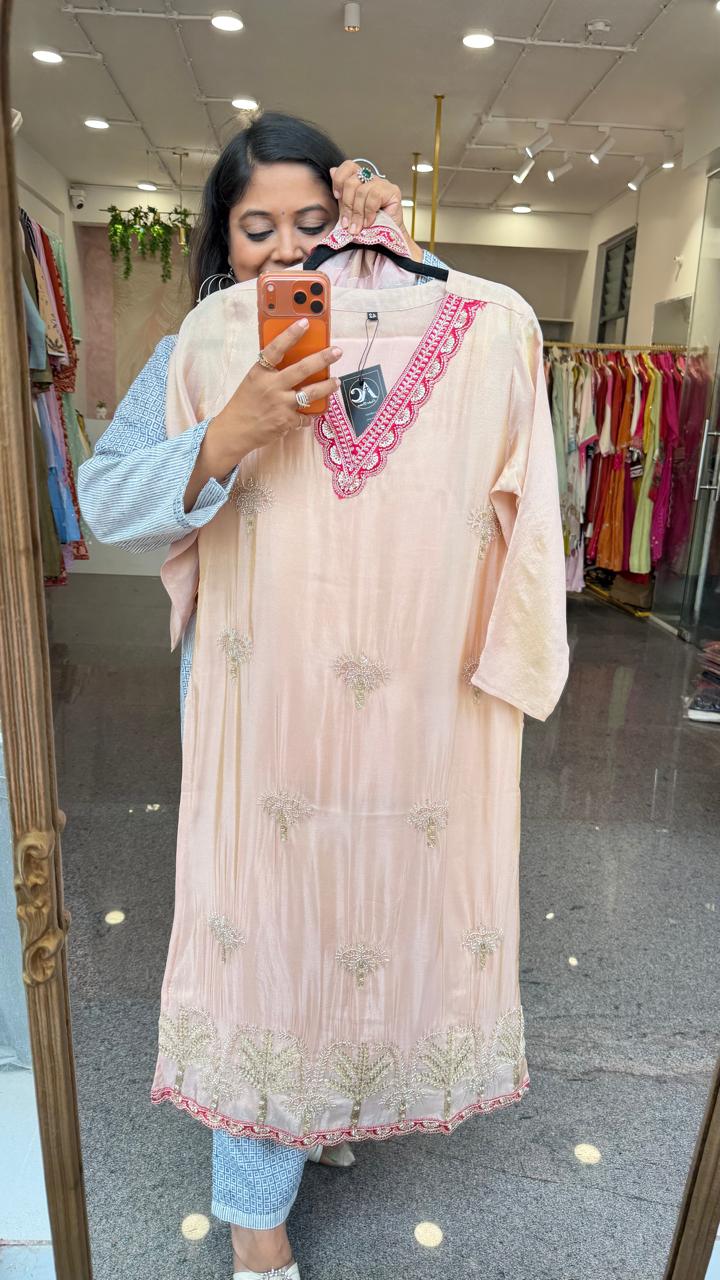 Premium tissue handwork suit set paired with tissue dupatta (true to size )