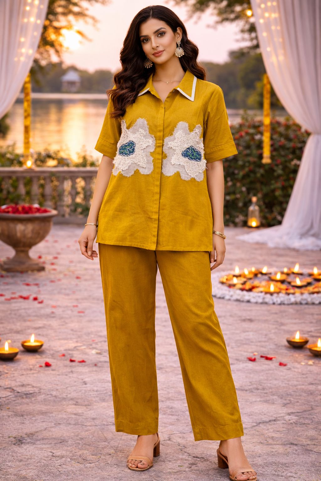 Applique work cotton co ord set in yellow