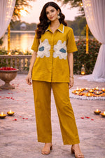 Applique work cotton co ord set in yellow