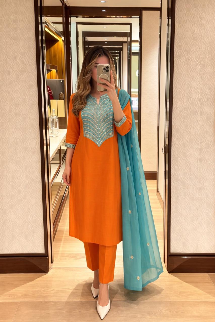 Bemberg muslin embroidered co ord set in orange n blue