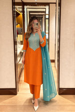 Bemberg muslin embroidered co ord set in orange n blue