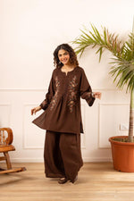 Heavy slub cotton embroidery brown co ord paired with palzzo pant