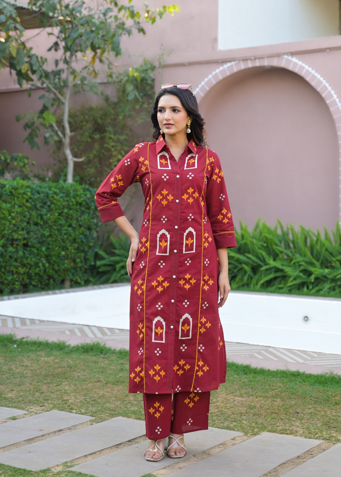 Pretty cotton bandhani co ord set in red
