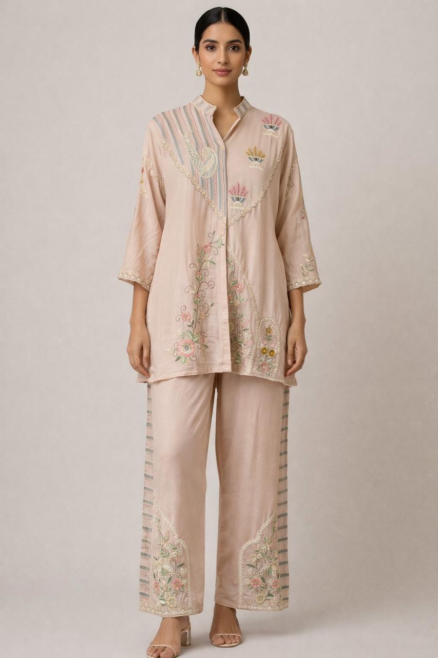 Heavy chinon nude pink embroidered Co ord set