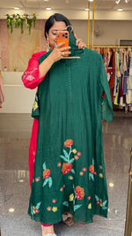 Premium embroidered Mul chanderi with designer neck suit set (true to size) in green