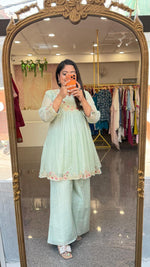 Pretty Mul chanderi had work detailing full suit set in mint green