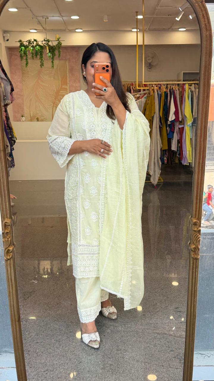 Mind blowing Mul cotton chikankari full suit set in mint yellow