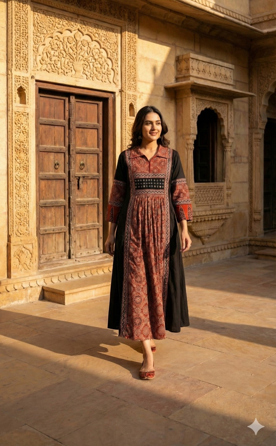 Pretty ajrakh cotton real mirror one piece in black