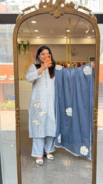 Organic cotton applique work true to size suit set in blue