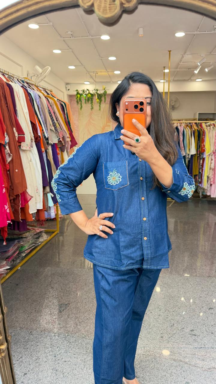 Soft denim cotton fully embroidered sleees co ord