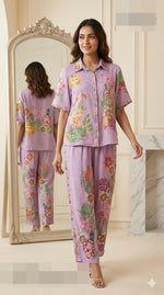 Pure Mul silk digital printed co ord set in purple