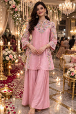 Pure chinon heavily embellished plazzo set in pink