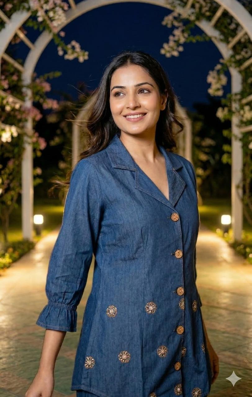 Premium denim cotton fully embroidered co ord