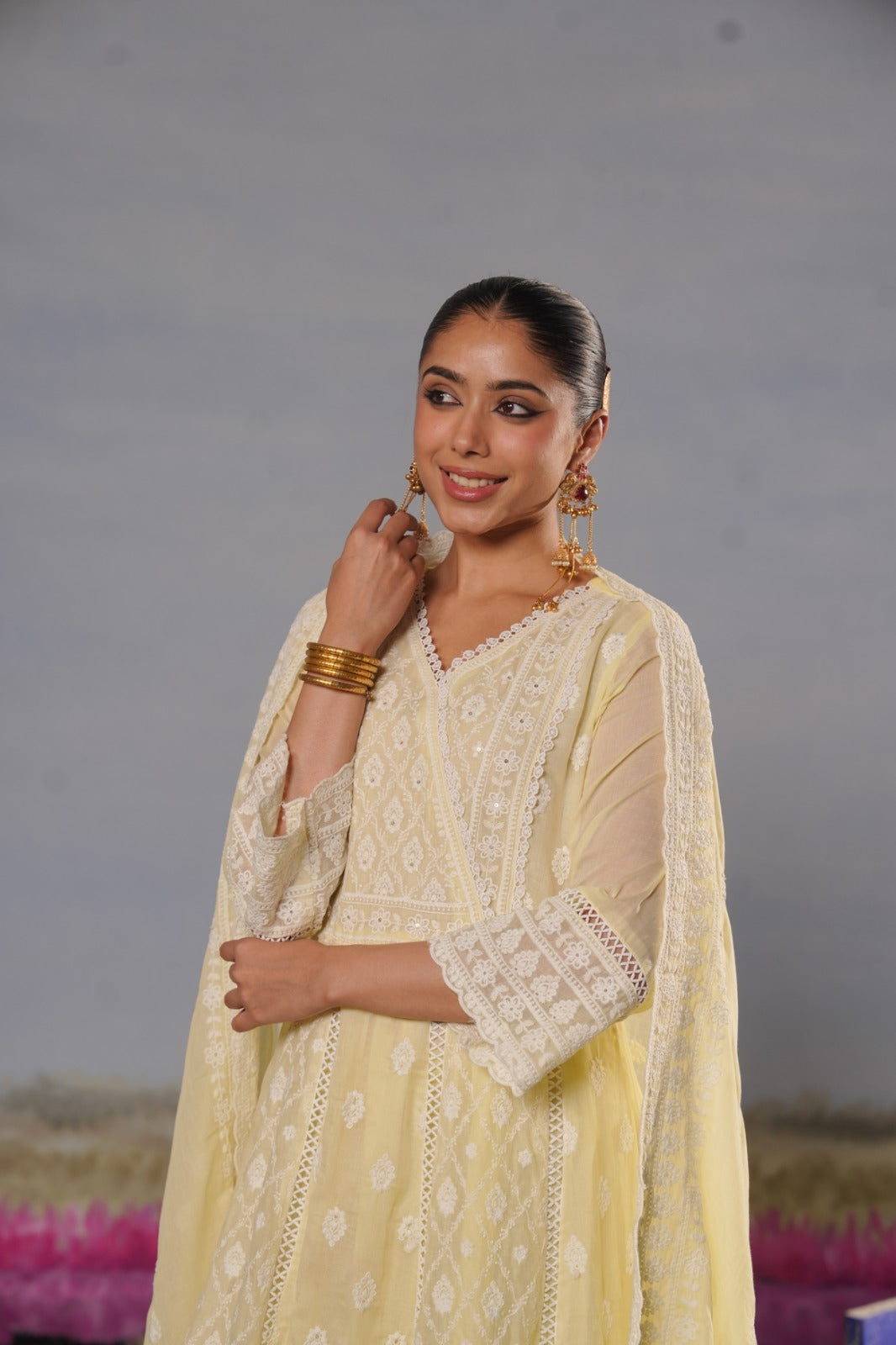Premium chikankari full suit in yellow
