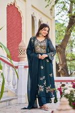 Premium organza fully embroidered suit set in blue