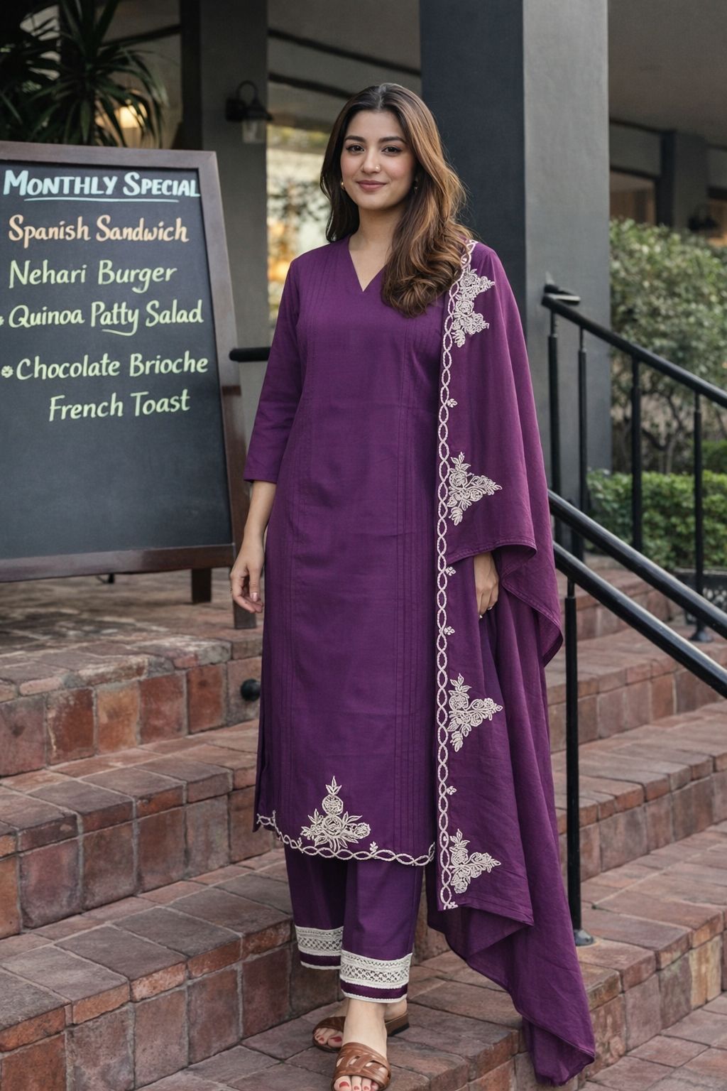 Pure cotton fully embroidered full suit set in purple
