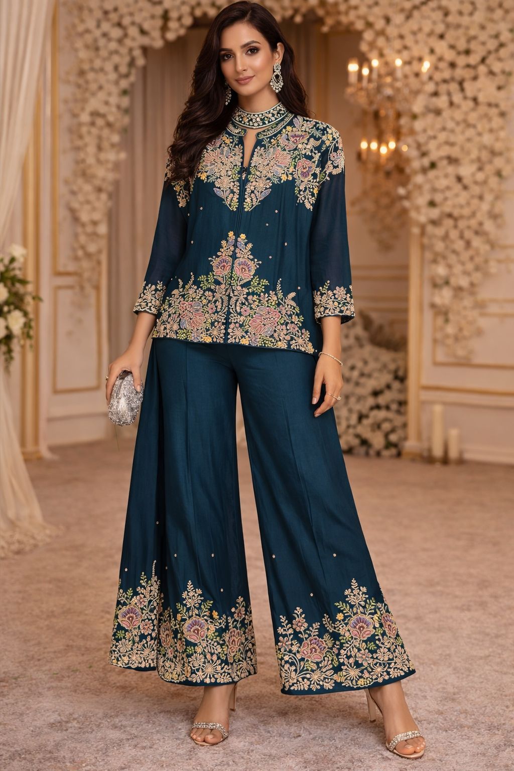 Premium chinon heavy handwork co ord set paired with bell bottom in teal blue