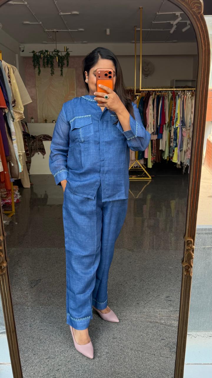 Back embroidered comfortable pants with pocket super soft denim Co ord with minimal design