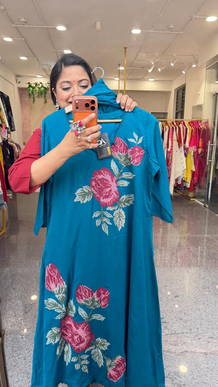 Mul cotton fully embroidered in firozi colour