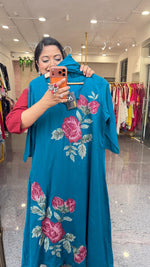 Mul cotton fully embroidered in firozi colour