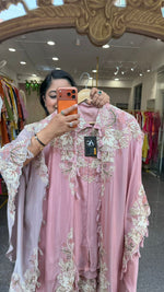 Heavy chinon with premium handwork co ord paired with a pretty pretty cape in pink