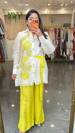 Premium Mul chanderi applique work lining shirt paired with soft silk pant