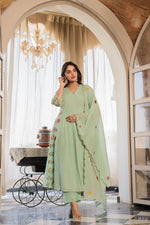Premium applique work Mul cotton suit set in mint green