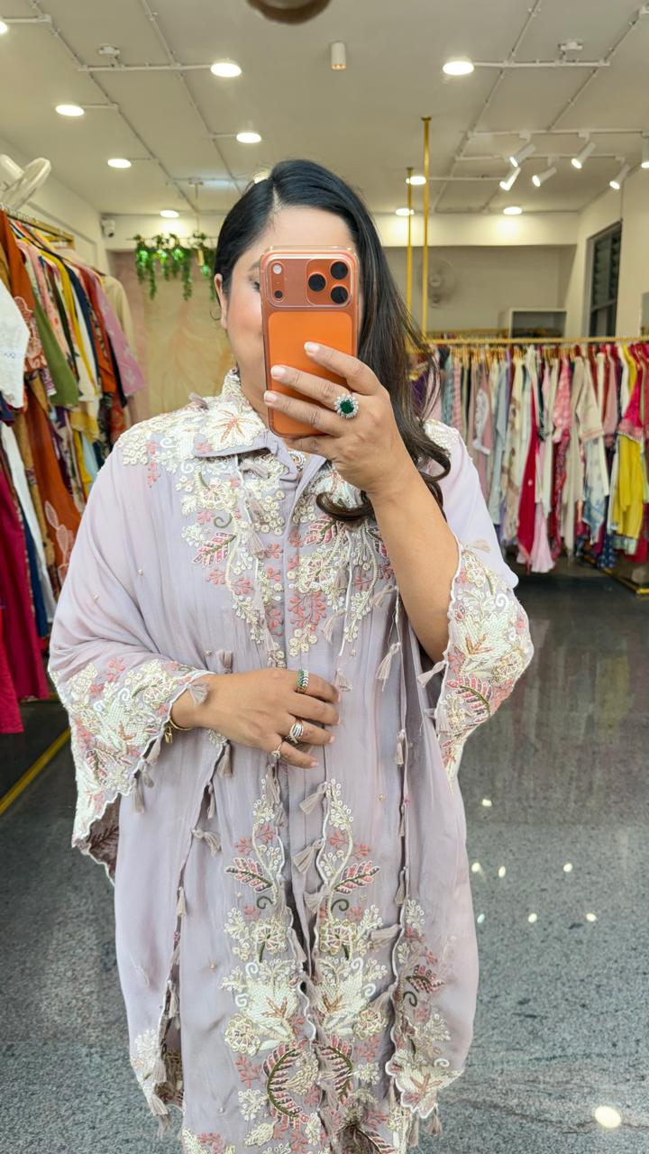 Heavy chinon with premium handwork co ord paired with a pretty pretty cape in lilac